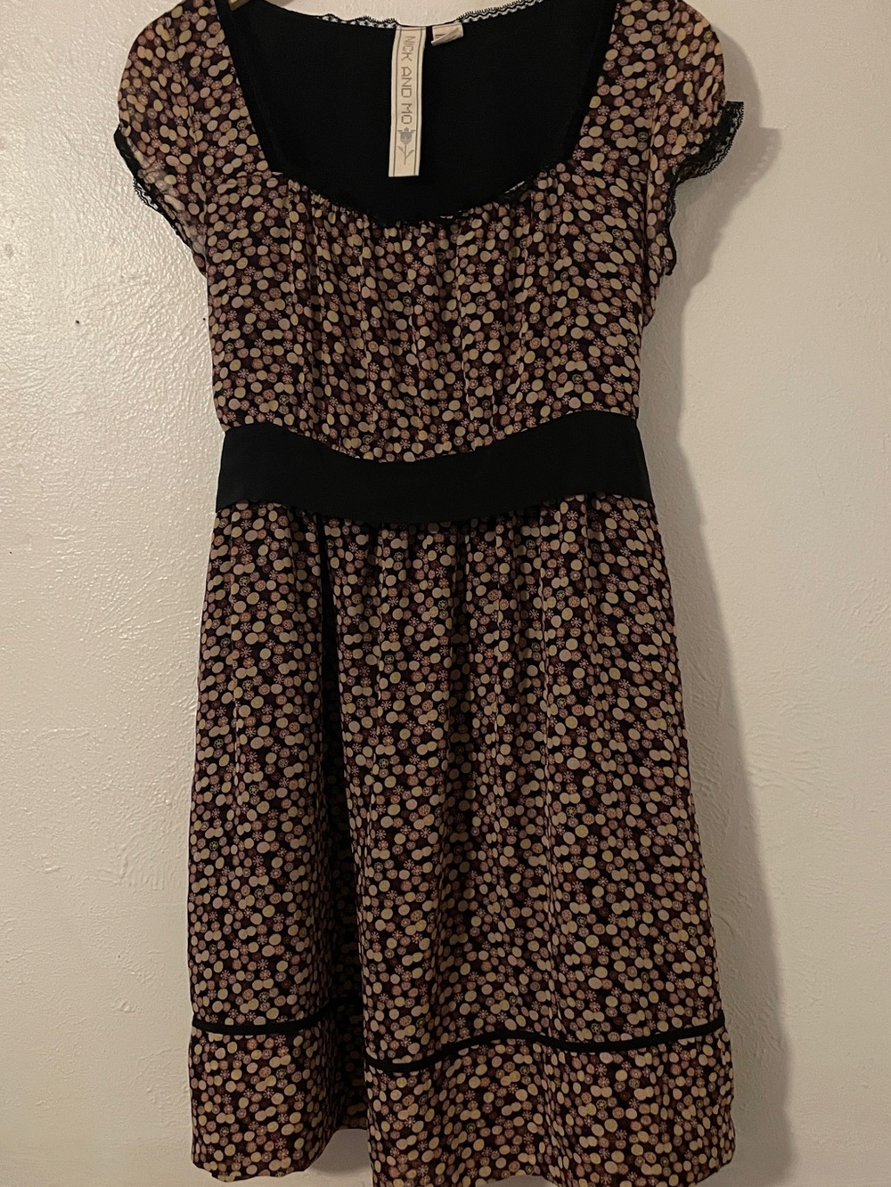 Vintage Nick & Mo Black Geometric Dot Chiffon Babydoll Mini Dress M